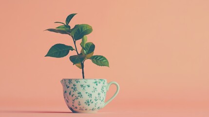 Obraz premium A delicate tea plant with bright green leaves in a stylish pot, set against a muted orange background