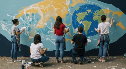 Diverse group of young people painting a large world map mural on a wall representing global unity creativity and environmental awareness
