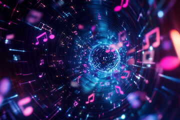 Fototapeta premium A hypnotic 3D abstract background featuring a swirling galaxy of neon music notes, floating speaker cubes, and pulsating sound frequencies. The deep-space environment glows with an electric symphony