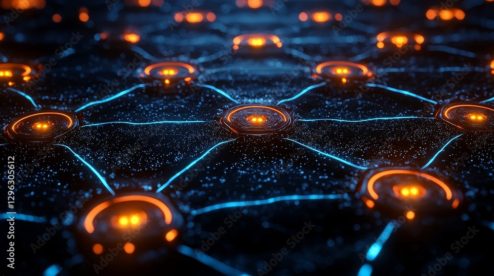 Aufkleber an abstract tech network showcasing glowing nodes and bright interlinking pathways
