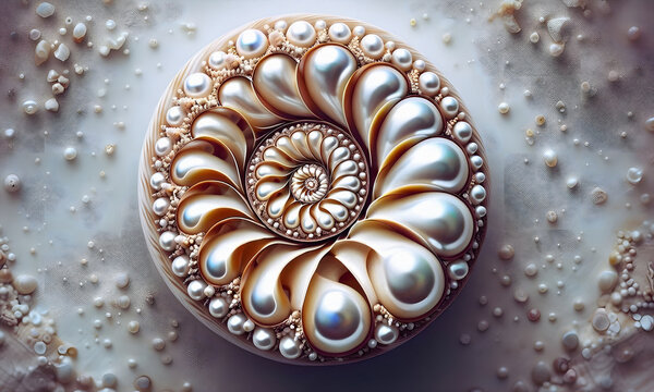 Nautilusschale mit Perlen in den einzelnen Kammern, abstrakt, Muschel, close-up