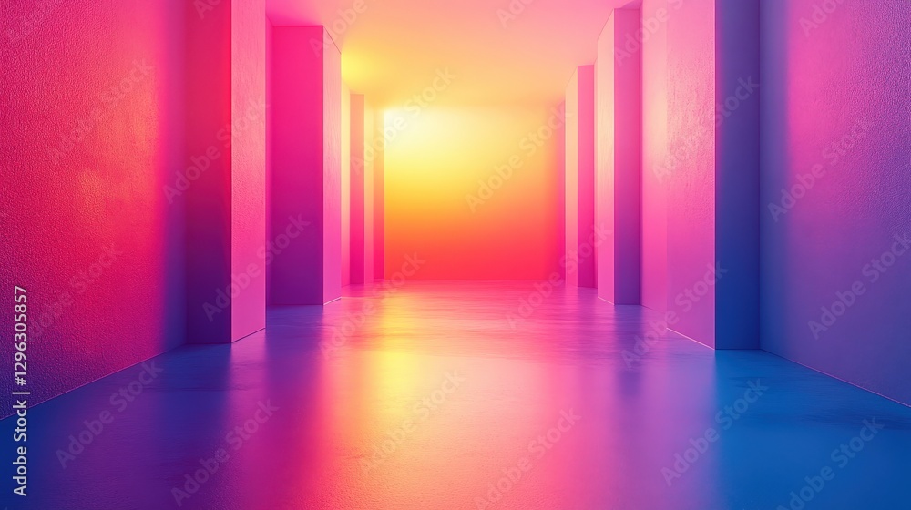 Poster vibrant abstract corridor with colorful lighting and reflections on the floor creating a dreamy atmo