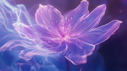 Flowers with iridescent colors and light effects, white lines, purple and blue gradients
