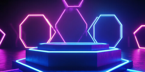 A bold, artistic 3D background featuring a geometric podium made of neon-outlined hexagons. The abstract, energetic shapes and bright lighting give the scene a strong visual impact.