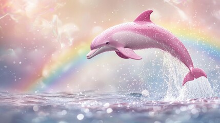 Playful pink dolphin jumping above the water in a vibrant, dreamy setting with a rainbow in the background, creating a magical atmosphere © VICHIZH