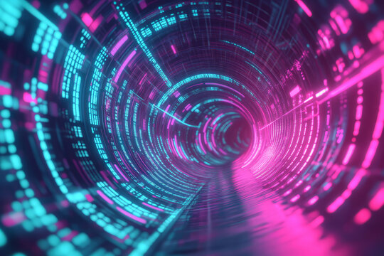 A dynamic 3D background featuring an abstract tunnel made of glowing neon equalizer bars. The perspective draws the viewer into a rhythmic vortex, with floating holographic music notes and digital