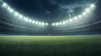 Fototapeta premium Football field illuminated by stadium lights with copy space on dark background