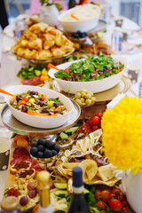 A large served table with salads, vegetables and barbecue. a variety of treats and snacks for the holiday. catering for a banquet.
