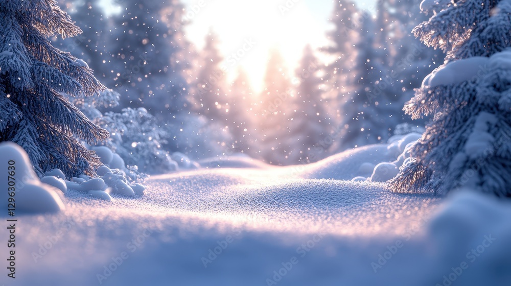 Poster serene winter landscape with snowy path and sparkling sunlight filtering through frosty pine tree fo