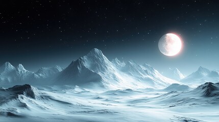 Fototapeta premium Serene Winter Landscape with Majestic Mountains and Glowing Full Moon Under Starry Night Sky