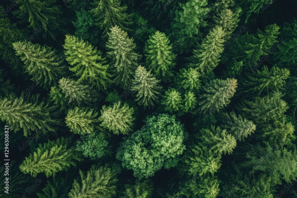 Poster a photo showing a panoramic view from above of a dense and verdant forest filled with tall trees and