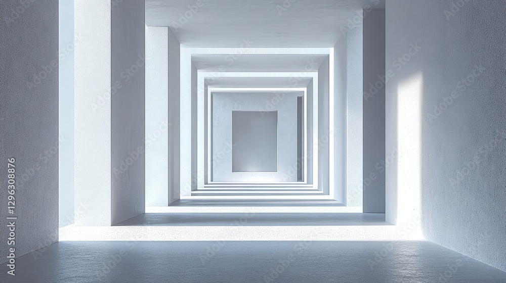 Poster abstract geometric passage with multiple aligned frames and bright light illuminating the minimalist