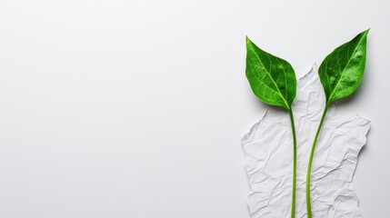Obraz premium Fresh Green Leaves on Crumpled White Paper Background