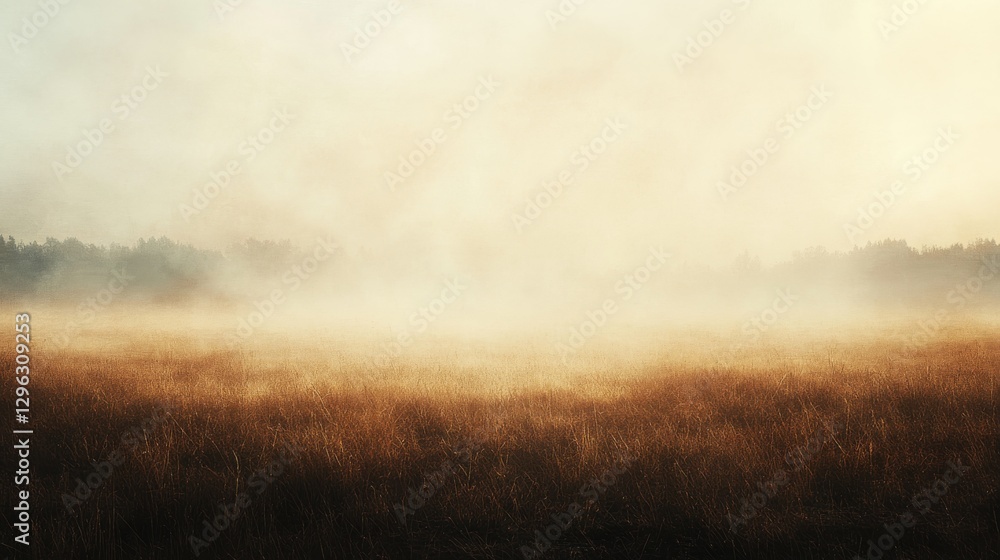 Poster a hazy field with tall grass and trees in the background