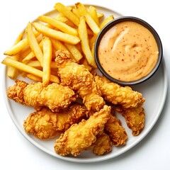 Naklejka premium Top view of fried chicken strips with fries and chili aioli sauce on a white background, Generative AI