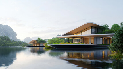 Obraz premium Modern floating homes with sustainable architecture on serene lake