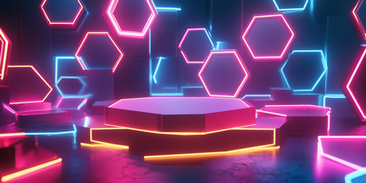 A bold, artistic 3D background featuring a geometric podium made of neon-outlined hexagons. The abstract, energetic shapes and bright lighting give the scene a strong visual impact.