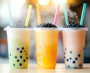 Three different types of bubble tea in plastic cups with colorful straws and black tapioca pearls on top, sitting side by side on the table against a milk tea shop background, Generative AI