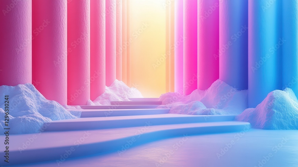 Poster lush multicolored columns with soft lighting and snowy ground in dreamlike architectural space