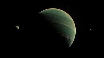 Green planet with two moons in dark space