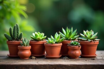 Obraz premium Assorted succulents in terracotta pots on rustic wood table, interior, still life