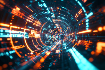 Obraz premium A futuristic 3D abstract background showcasing a tunnel of cascading, pulsating neon circuits, forming an infinite data stream. The vibrant reflections and cybernetic glow enhance the high-tech