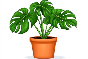 a 2D cartoon illustration of a potted monstera plant, large and leafy, white background