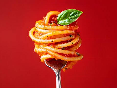 Spiral spaghetti on a fork with tomato sauce, isolated over a red background. Close-up view, front side perspective, Generative AI