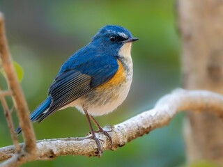森の中の木陰で枝に留まって周りを見渡しているルリビタキの雄