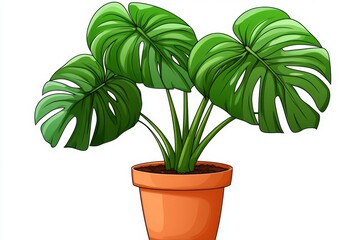 Fototapeta premium a 2D cartoon illustration of a potted monstera plant, large and leafy, white background