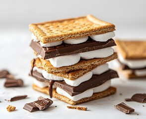 Stuffed s'mores with chocolate and marshmallow on a white background, close-up. S'more sandwich made of a graham cracker with a dark chocolate filling, Generative AI