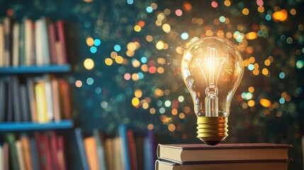 A vibrant classroom, illuminated by a luminous light bulb hovering above a collection of diverse books, symbolizing the fusion of knowledge and creativity, fostering a sense of wonder and inspiration