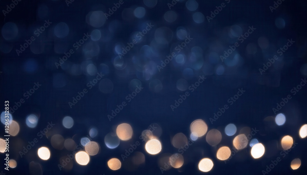 Poster soft glowing bokeh lights on dark blue blurred background, abstract festive defocused illumination f
