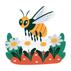 Flat illustration of a buzzing bee on flowers