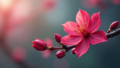Obraz premium Close-up of a single red cherry blossom branch with delicate petals , blossom, branch