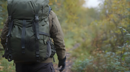 Obraz premium Person hiking with weighted backpack on nature trail, showcasing outdoor fitness training and endurance building in natural environment.