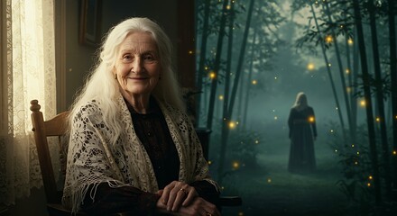 Smiling Senior Woman in Rocking Chair, Forest and Firefly Backdrop