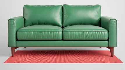 Modern Green Leather Sofa on Red Rug in Contemporary Setting