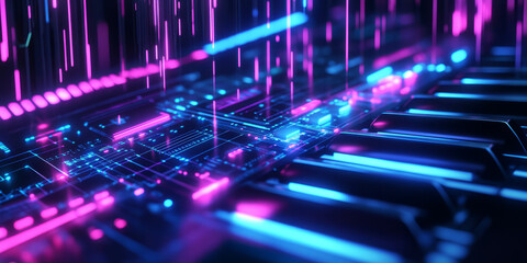 A high-tech 3D music background showcasing a cybernetic synthesizer with glowing keys that pulsate with sound waves. The neon energy forms a futuristic, abstract visualization of electronic music and