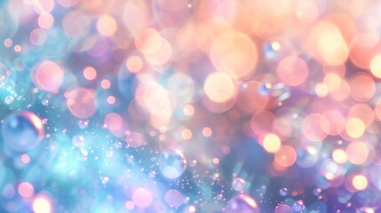 A blurry background of out-of-focus lights in pastel purple, blue and yellow.