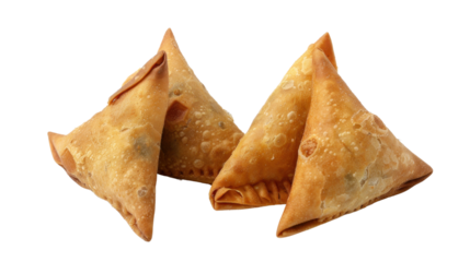 Three freshly fried samosas isolated on transparent background