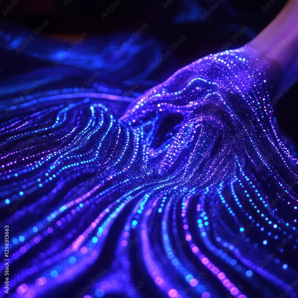 Poster hand interacting with glowing data streams; dark background; technology concept; website banner