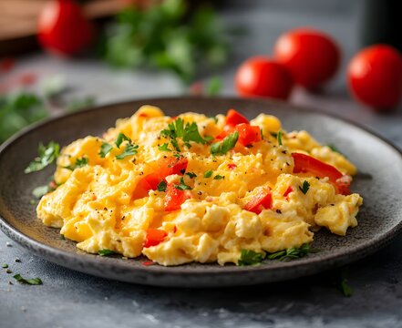 Scrambled eggs with cheddar cheese and red pepper on a plate, against a wooden background, Generative AI