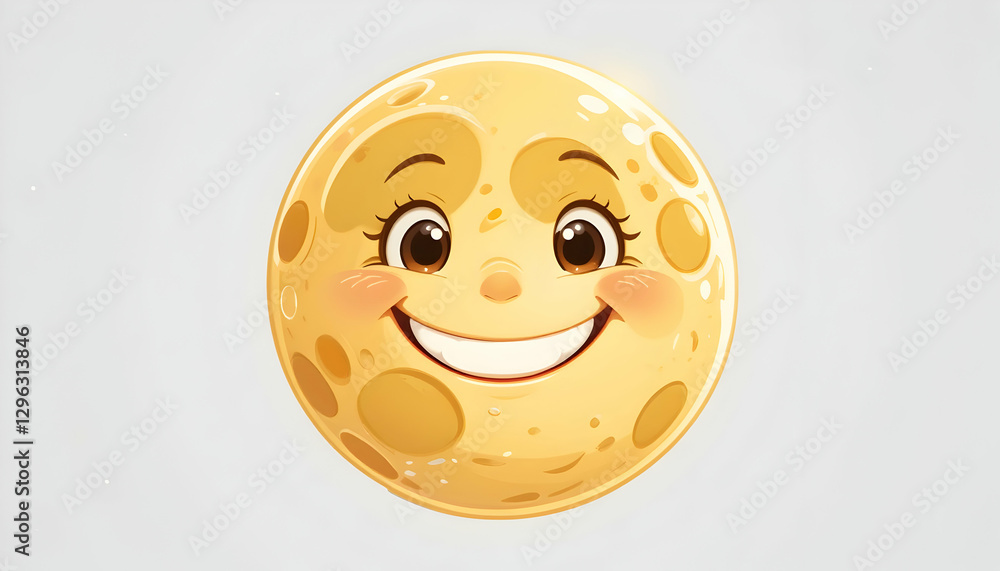 Poster smiling cartoon moon character with round face and cheerful expression