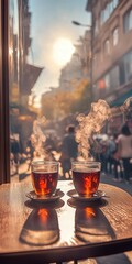 two glasses of Turkish tea on a table, the steam rising from the glass as the sun pours through the window.