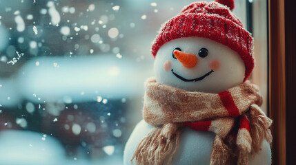 Cute snowman with red hat and scarf looking out snowy window
