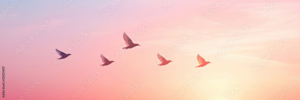 Aufkleber breathtaking sunset sky with birds in flight against a gradient of soft pastel colors. generative ai