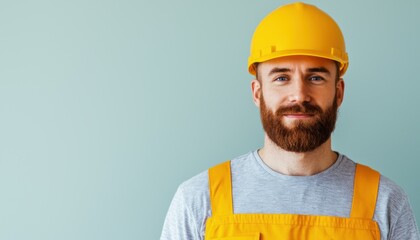 A smiling construction worker in a yellow hard hat and orange overalls against a light green background.
