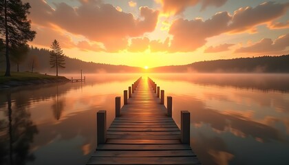 Obraz premium Wooden pier extending into a calm sunset lake