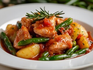 Fototapeta premium Beef braised with potatoes and green beans on a white plate, a real photograph, Generative AI